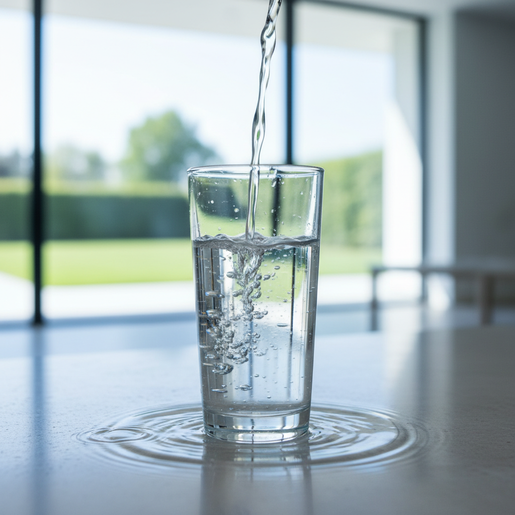 Agua cristalina vertiéndose en un vaso de vidrio