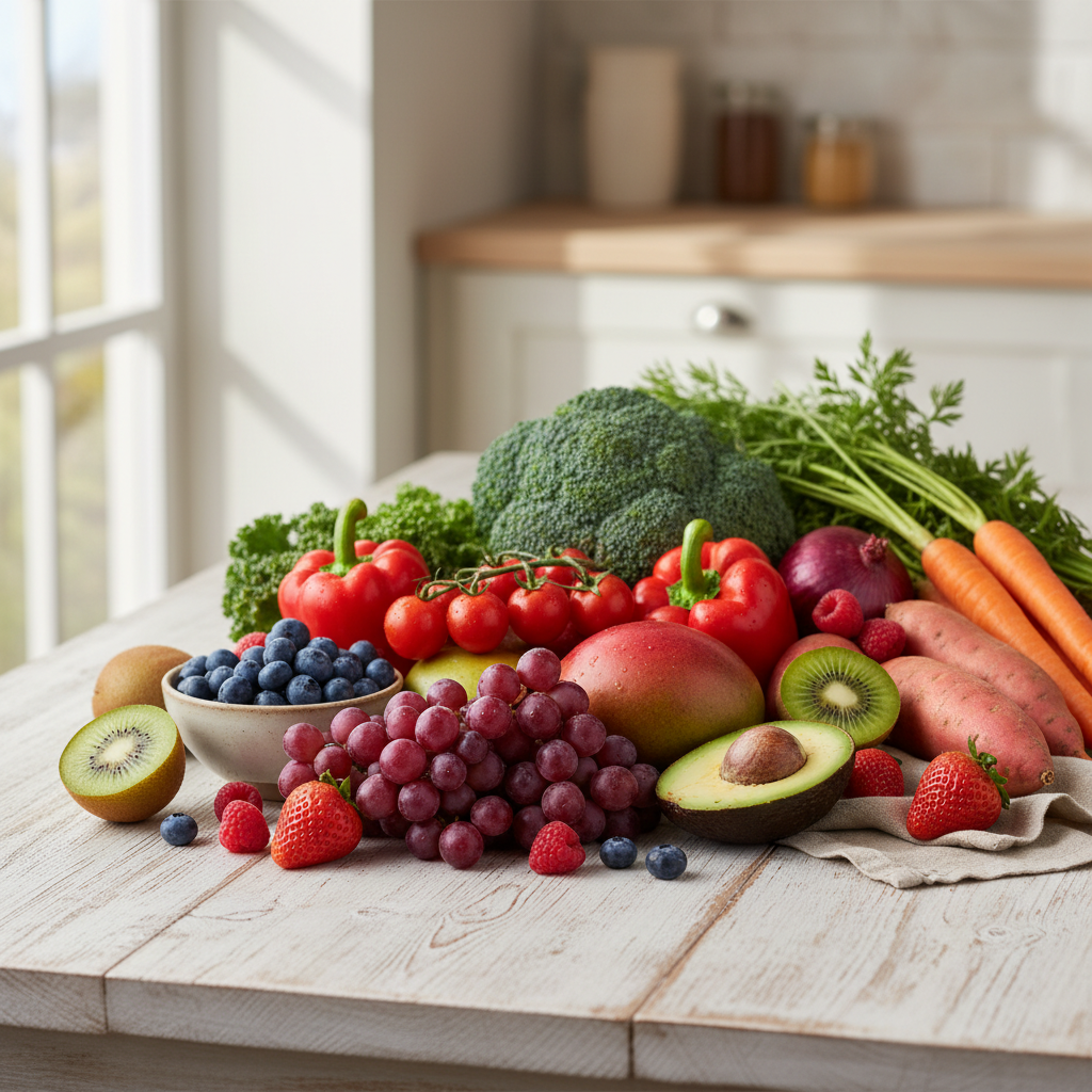Variedad de frutas y verduras frescas en una mesa de madera