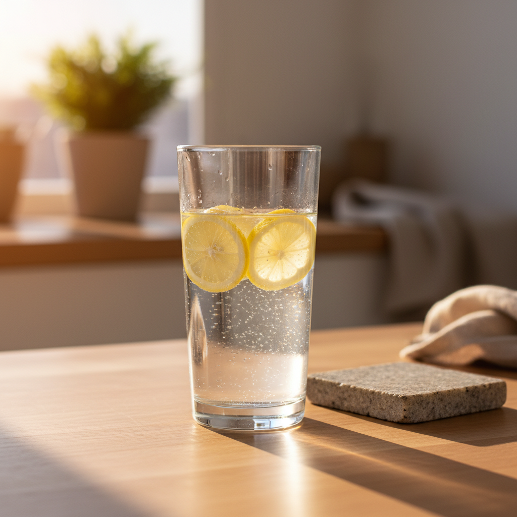 Vaso de agua pura con rodajas de limón en luz cálida